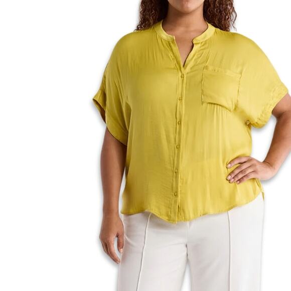 Industry Republic Top Airflow Fabric Button Up Short Sleeves Yellow Green M NWT - Picture 1 of 11